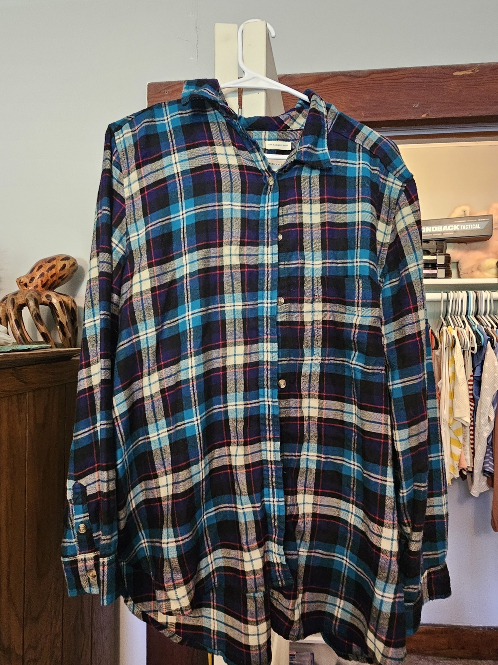 American Eagle Outfitters Teal, Black and Cream Plaid Button-Down Shirt
